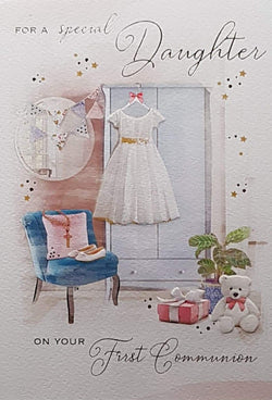 Communion Card - Daughter - For A Special Daughter & Communion Dress Hung on Wardrobe