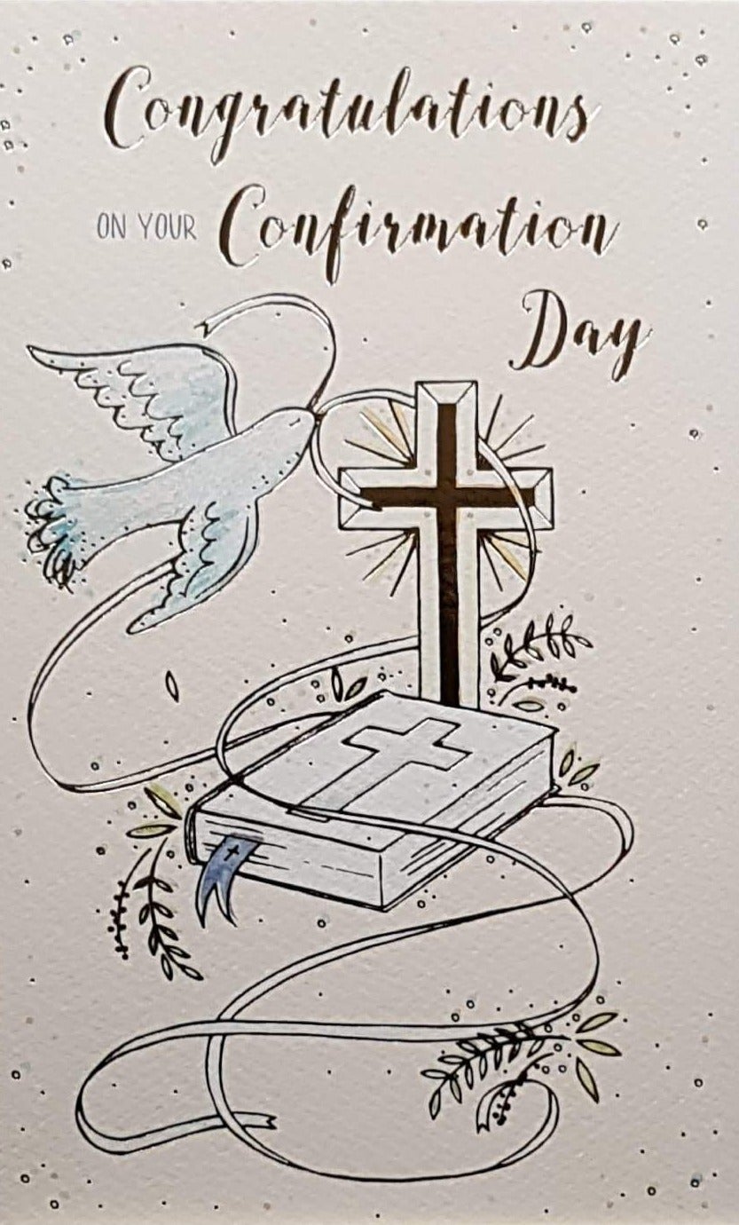 Confirmation Card - Gender Neutral - Congratulations & Dove & Bible at Cross