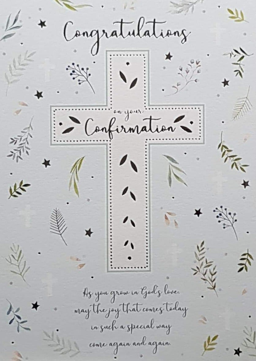 Confirmation Card - Gender Neutral - Congratulations & White Cross & Wheat Leaves Decoration