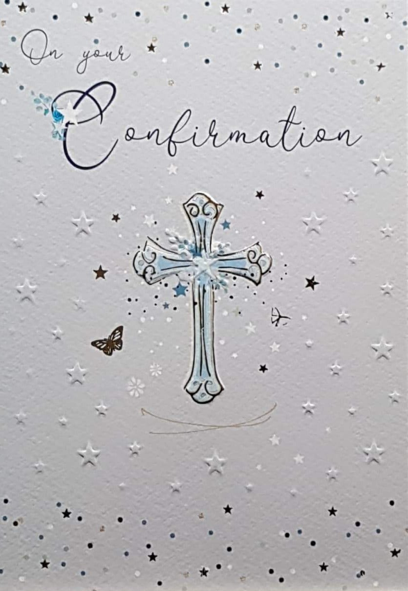Confirmation Card - Gender Neutral - On Your Confirmation & Gold & Blue Cross on White Background