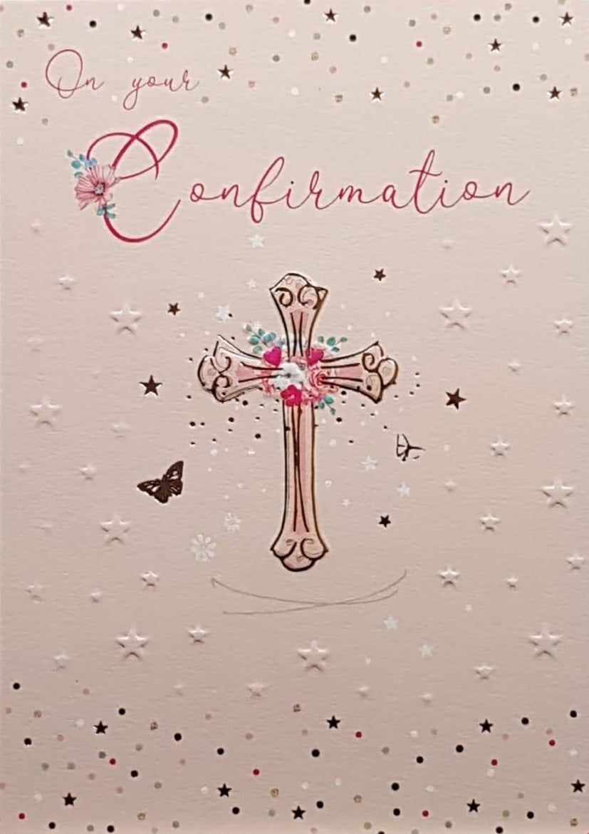 Confirmation Card - Gender Neutral - On Your Confirmation & Pink & Gold Cross with Stars