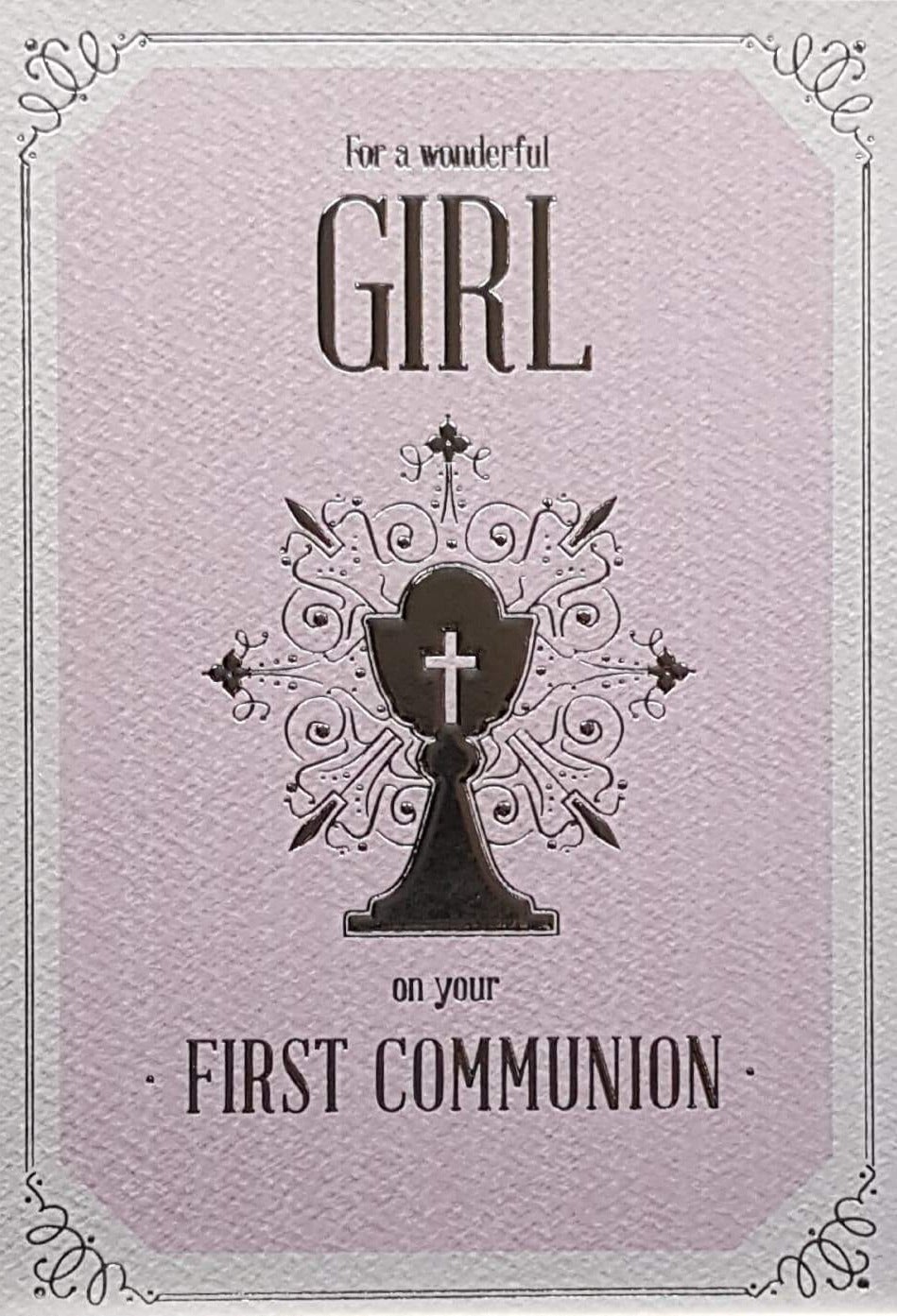 Communion Card - Girl - For A Wonderful Girl & Communion Chalice on Pink Background