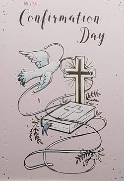 Confirmation Card - Girl - On Your Confirmation Day & Dove & Bible on Pink Background