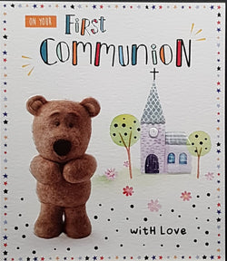 Communion Card - Gender Neutral - On Your First Communion & Teddy Bear Beside Church