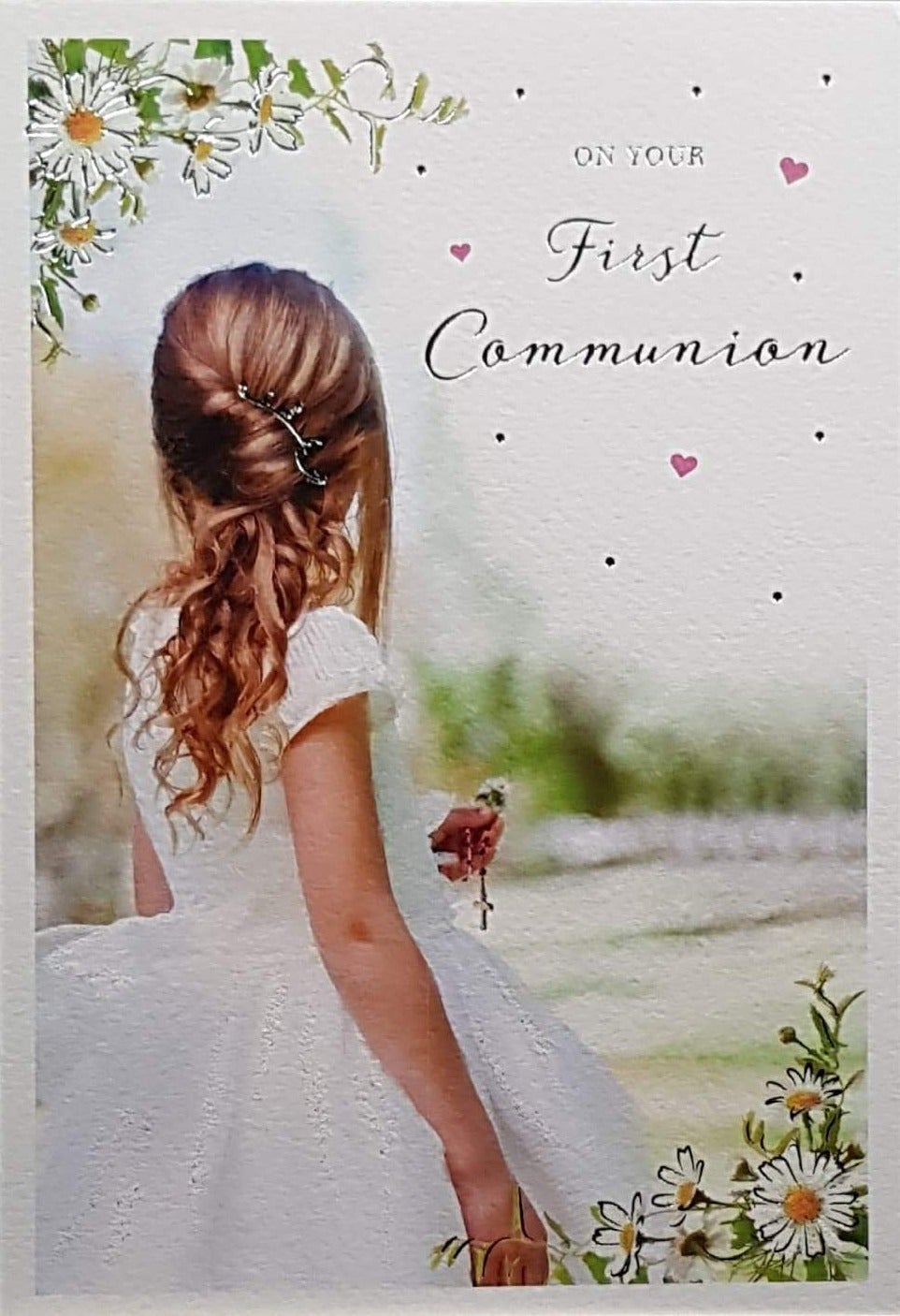 Communion Card - Girl - On Your First Communion & Girl in White Dress Holding Flower