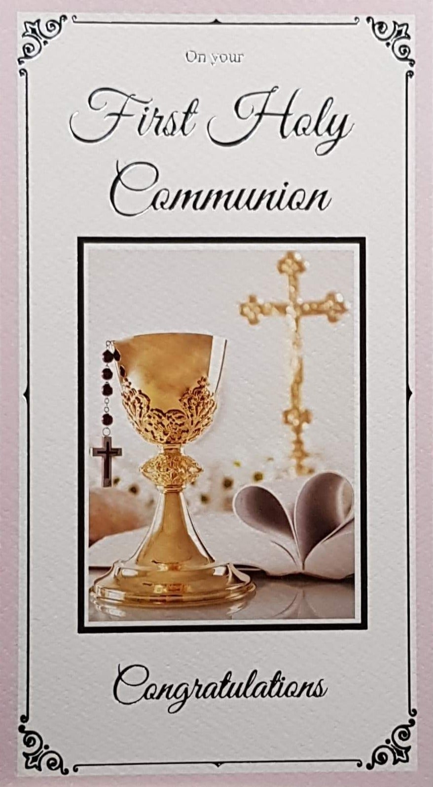 Communion Card - Girl - On Your First Holy Communion & Gold Chalice  Cross & Pink Border