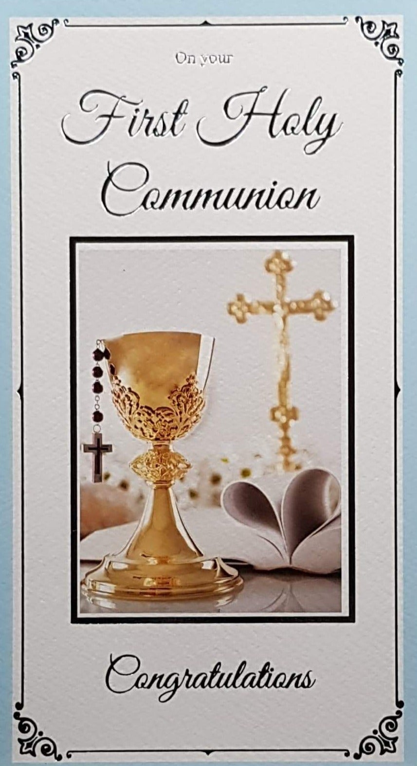 Communion Card - Boy - On Your First Holy Communion & Gold Cross & Chalice & Blue Border