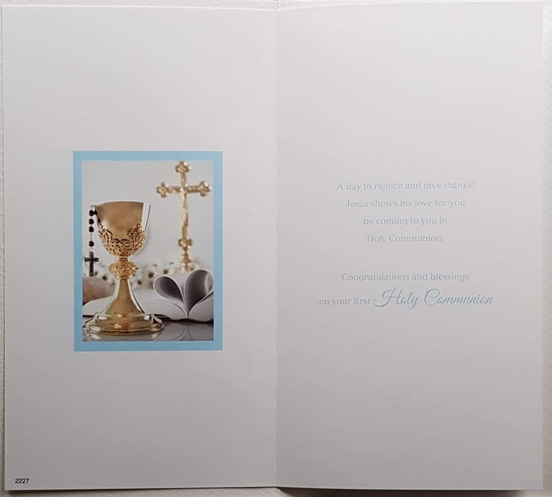 Communion Card - Boy - On Your First Holy Communion & Gold Cross & Chalice & Blue Border