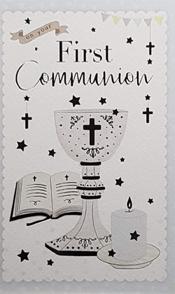 Communion Card - Gender Neutral - On Your First Communion & Bible, Chalice & Candle with Stars