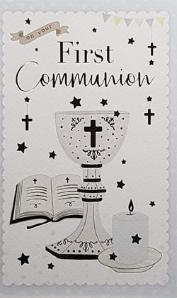 Communion Card - Gender Neutral - On Your First Communion & Bible, Chalice & Candle with Stars