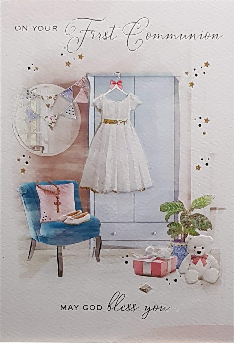 Communion Card - Girl - On Your First Communion & White Dress Hanging on Wardrobe