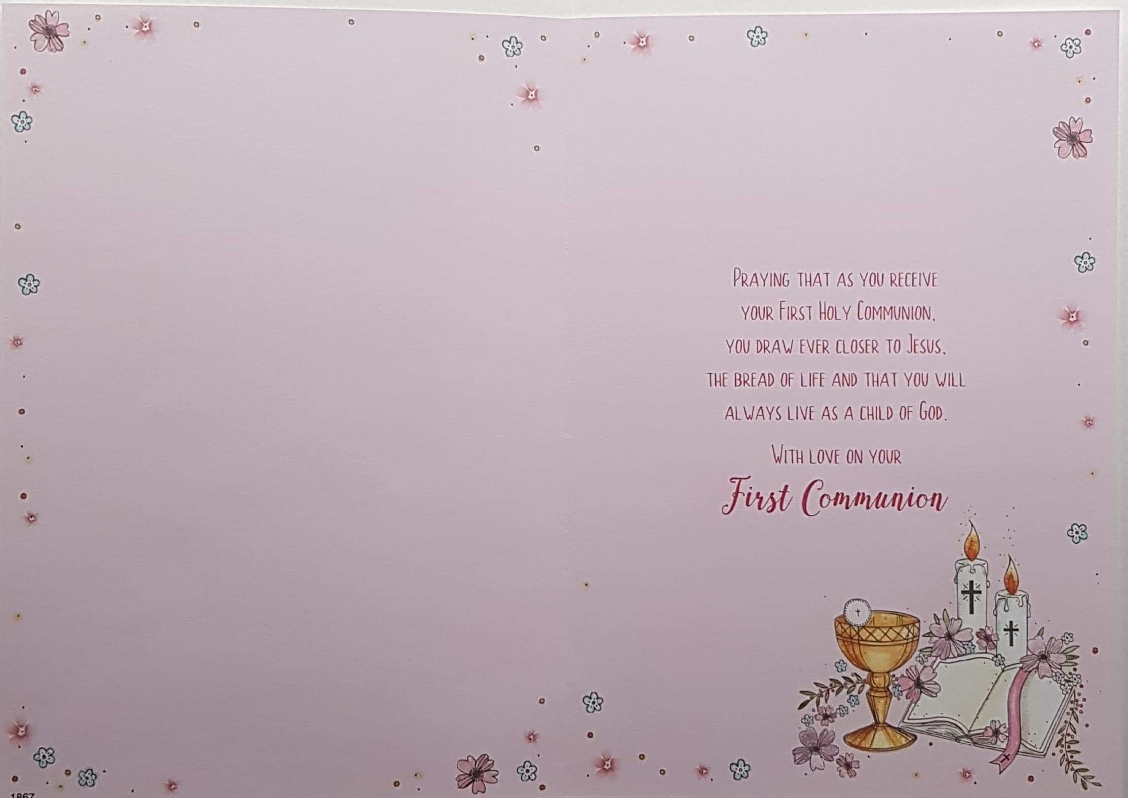 Communion Card - Daughter - For A Special Daughter - Chalice, bible & Candles with Pink Flowers
