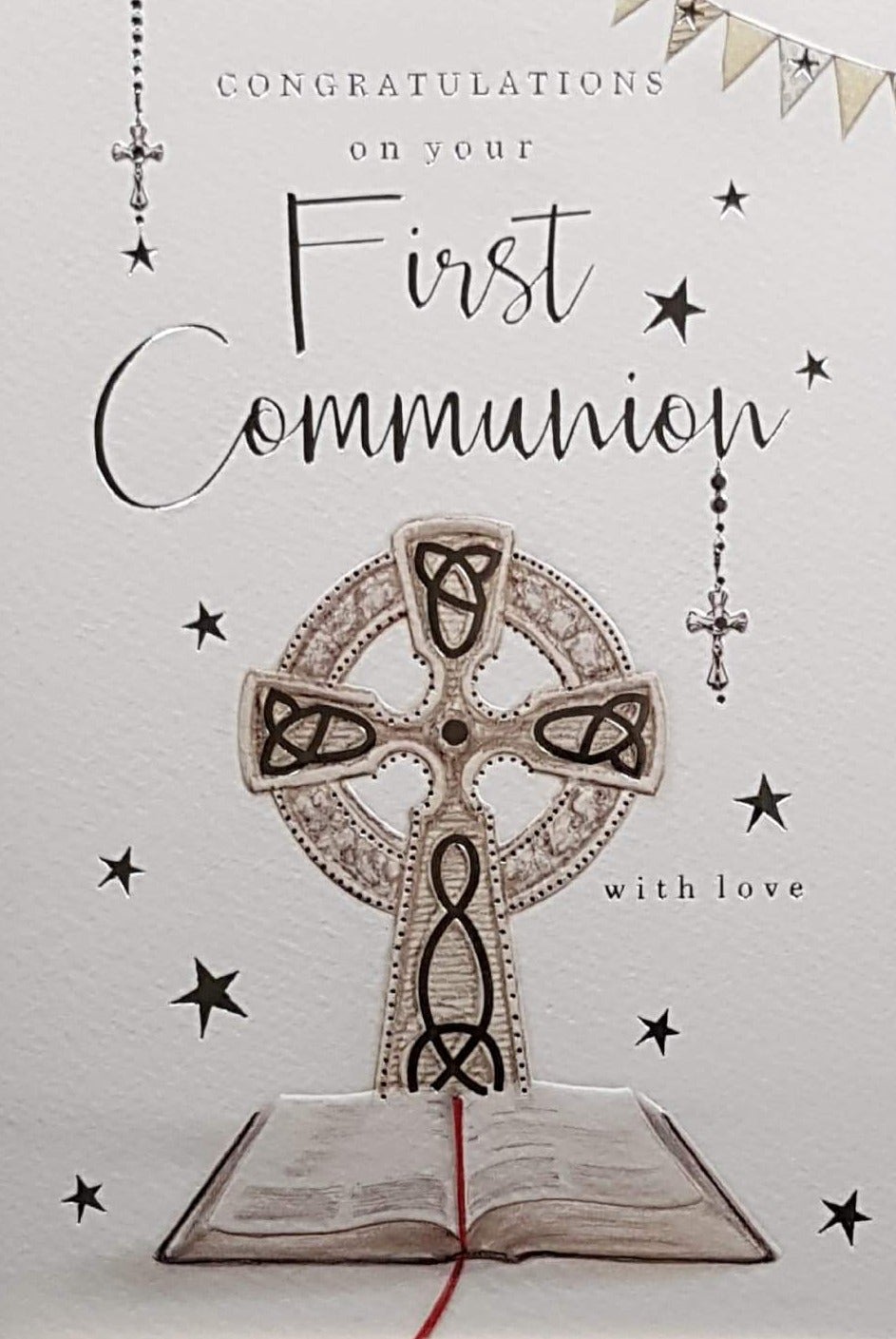 Communion Card - Gender Neutral - Congratulations On Your First Communion & Bible & Gold Cross