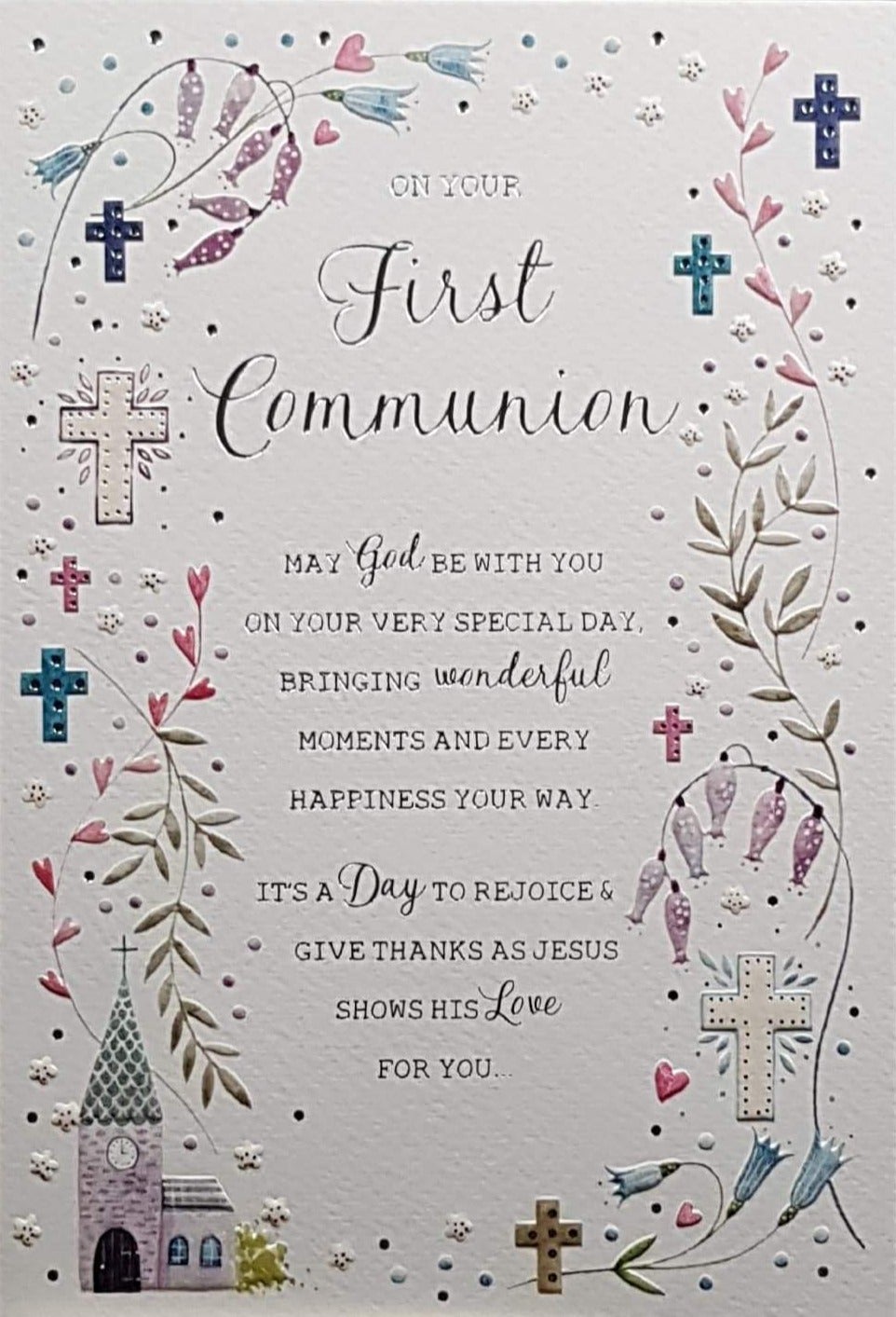 Communion Card - Gender Neutral - On Your First Communion & Church & Colourful Floral Border