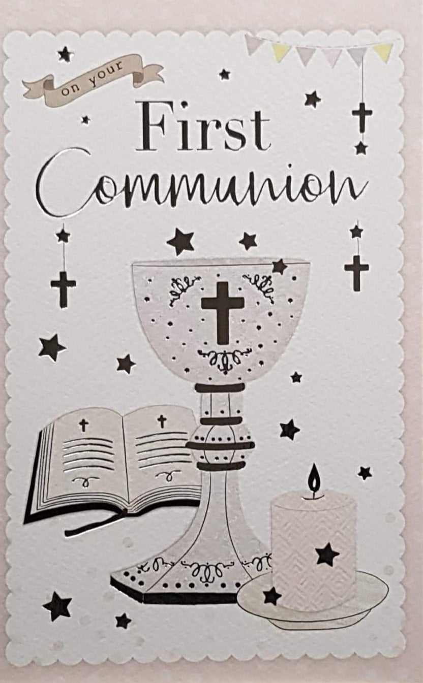 Communion Card - Girl - On Your First Communion & Candle, Chalice & Bible with Pink Border