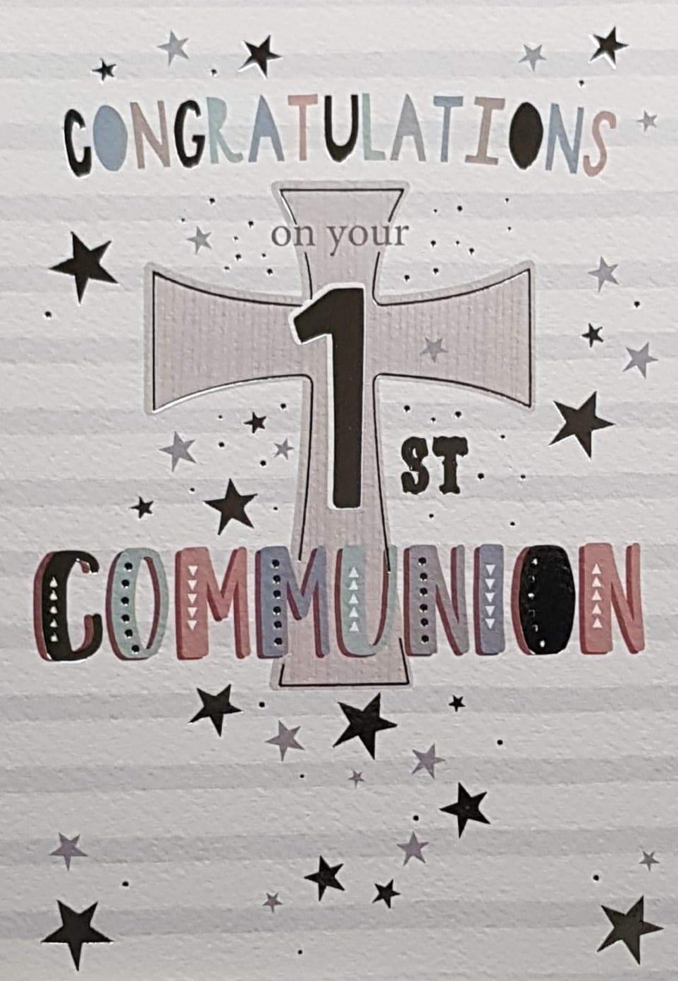 Communion Card - Gender Neutral - On Your 1st Communion & Colourful Font, Cross & Stars