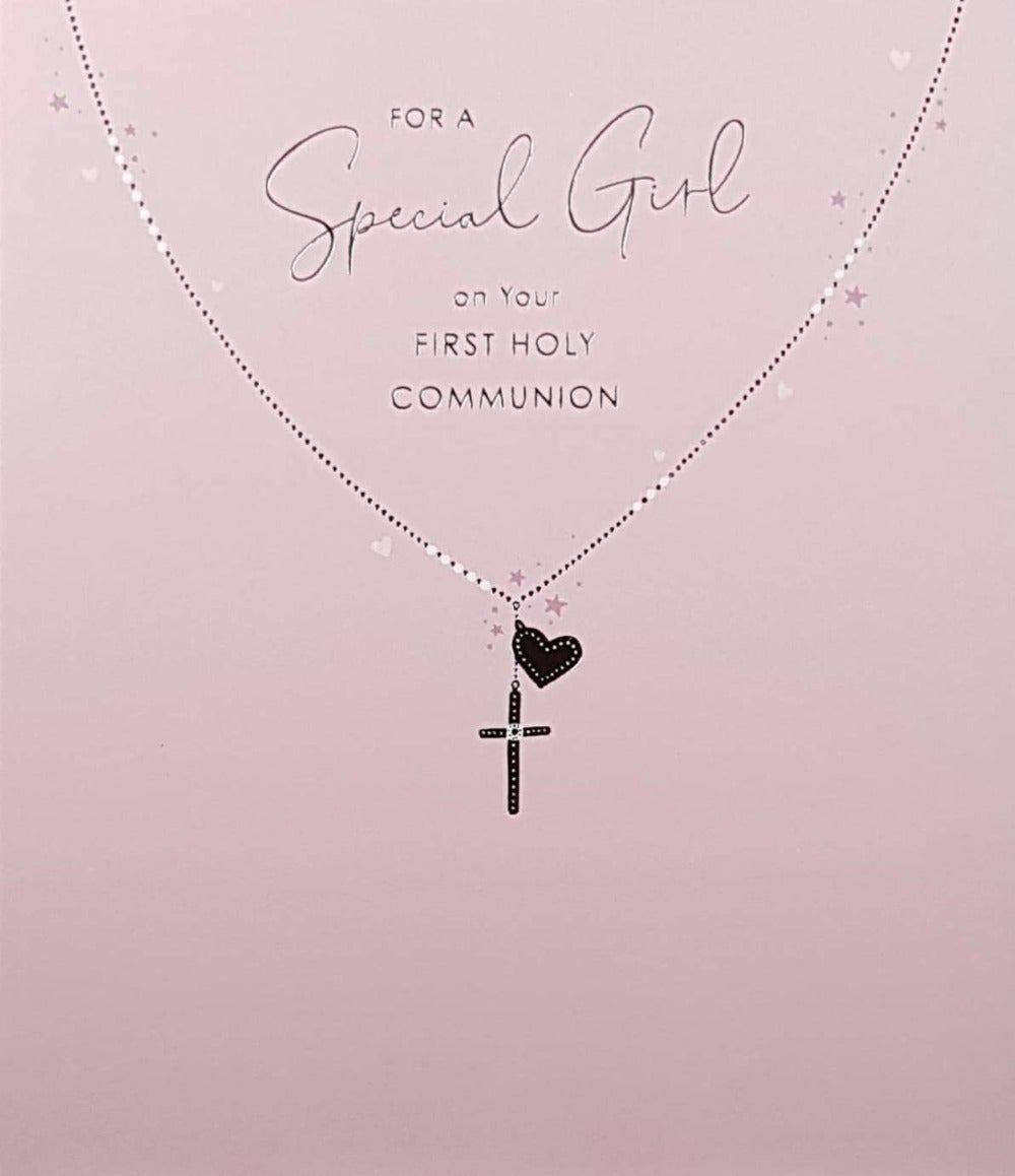 Communion Card - Girl / Silver Chain With Cross And Heart