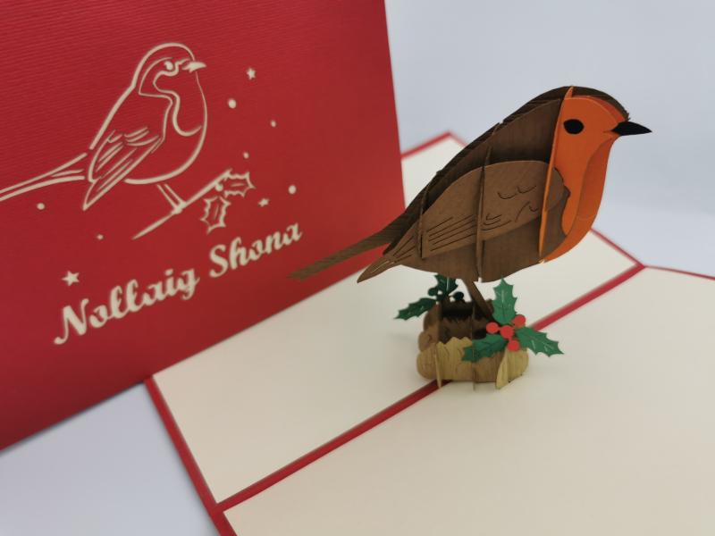 Christmas Pop Up Card - Nollaig Shona (In Irish) / Cute Robin
