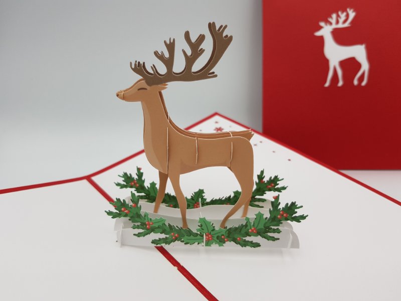 Christmas Pop Up Card -  Deer On Holly Branch