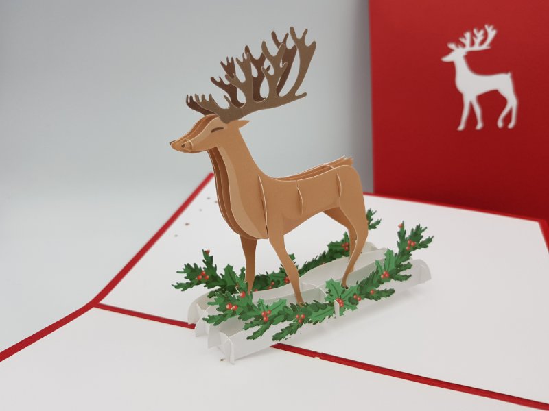 Christmas Pop Up Card -  Deer On Holly Branch