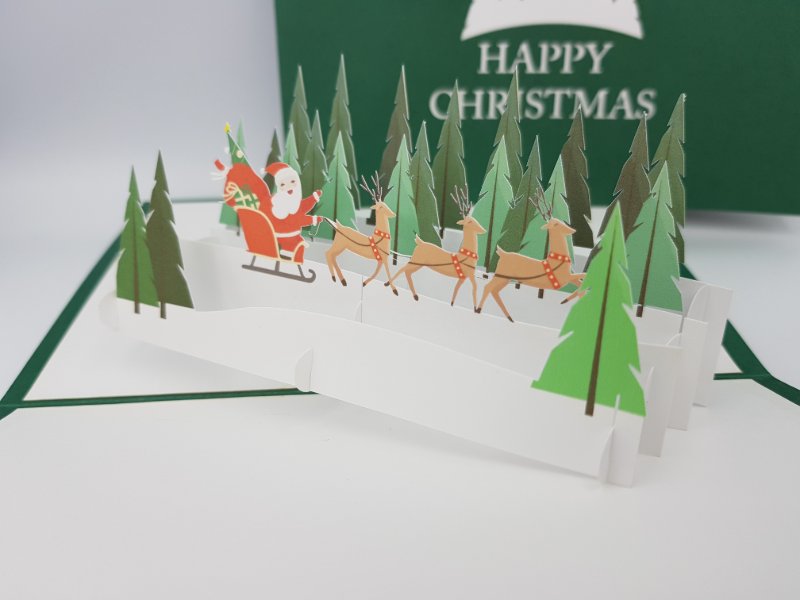 Christmas Pop Up Card - Santa & Reindeer Going Through Forest