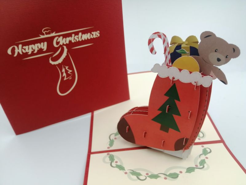 Christmas Pop Up Card - Cute Teddy Bear & Candy Cane in Christmas Stocking