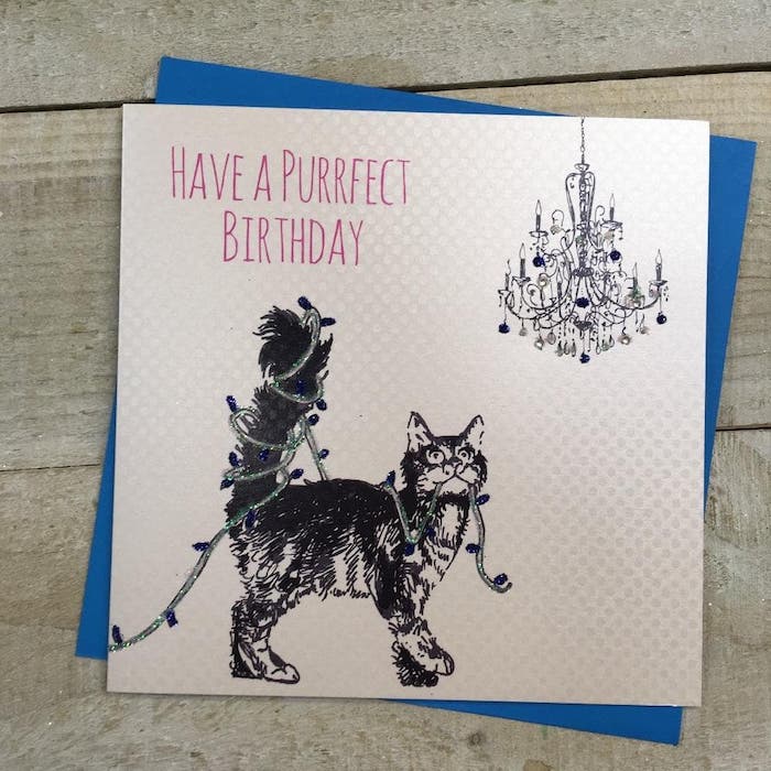 Birthday Card - Pet / 'Have A Purrfect Birthday & Cat Tangles in Decoration Lights
