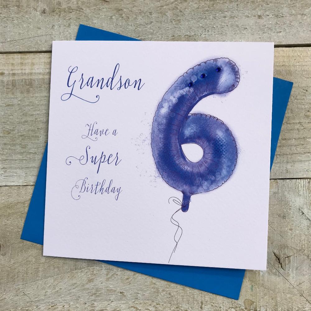 Birthday Card - Age 6  Grandson / Blue Helium Balloon Numbered 6
