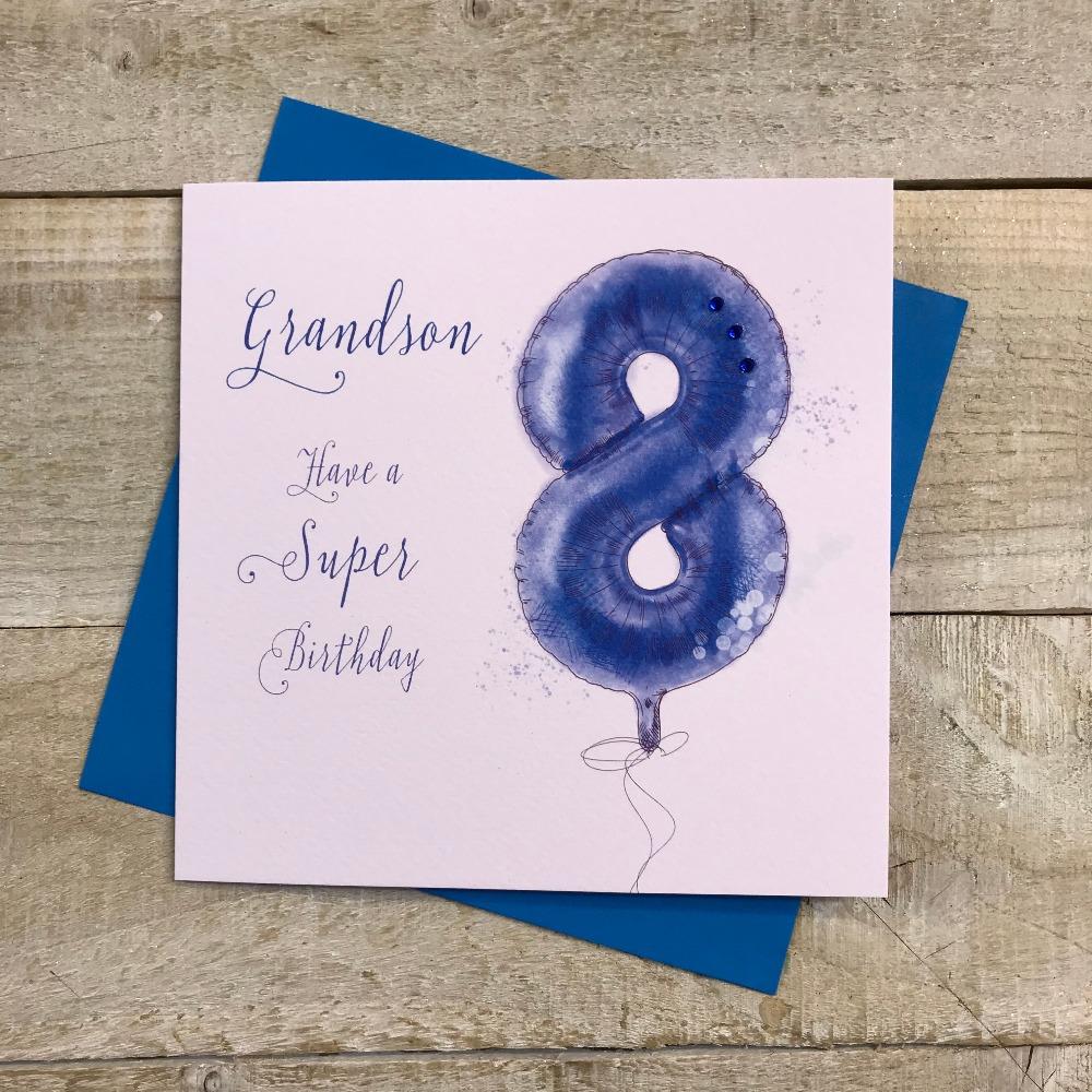 Birthday Card - Age 8  Grandson / Blue Helium Balloon Numbered 8