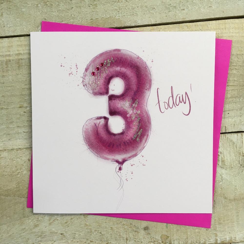 Birthday Card - Age 3 / Pink 3 Balloon / '3 Today!'