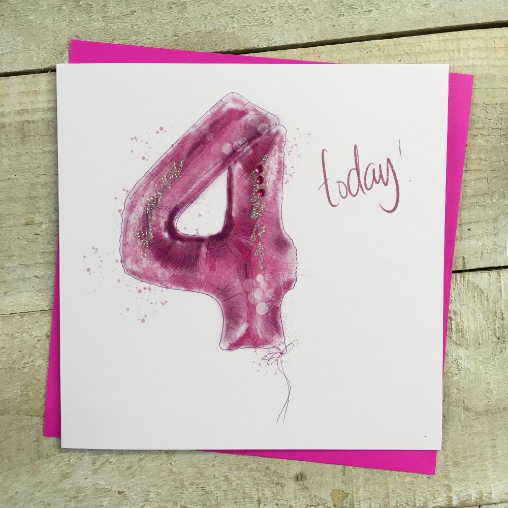 Birthday Card - Age 4 / Pink 4 Balloon / '4 Today!'