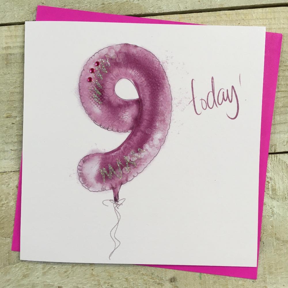Birthday Card - Age 9 / Pink '9' Balloon & '9 Today!'