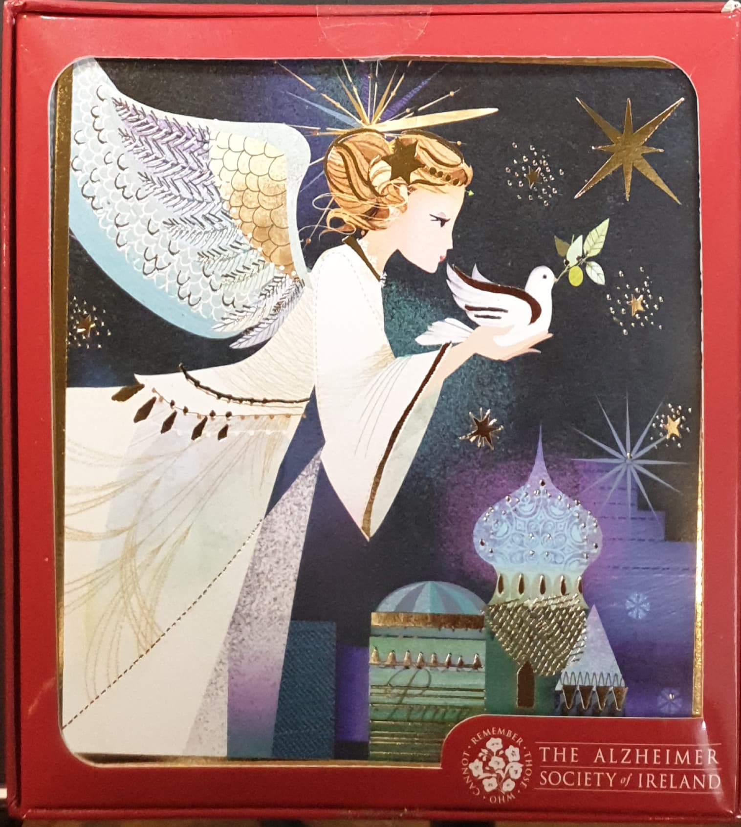 Charity Christmas Card (In Irish & English) - Box of 16 / Alzheimer Society of Ireland -  Angel Holding Dove