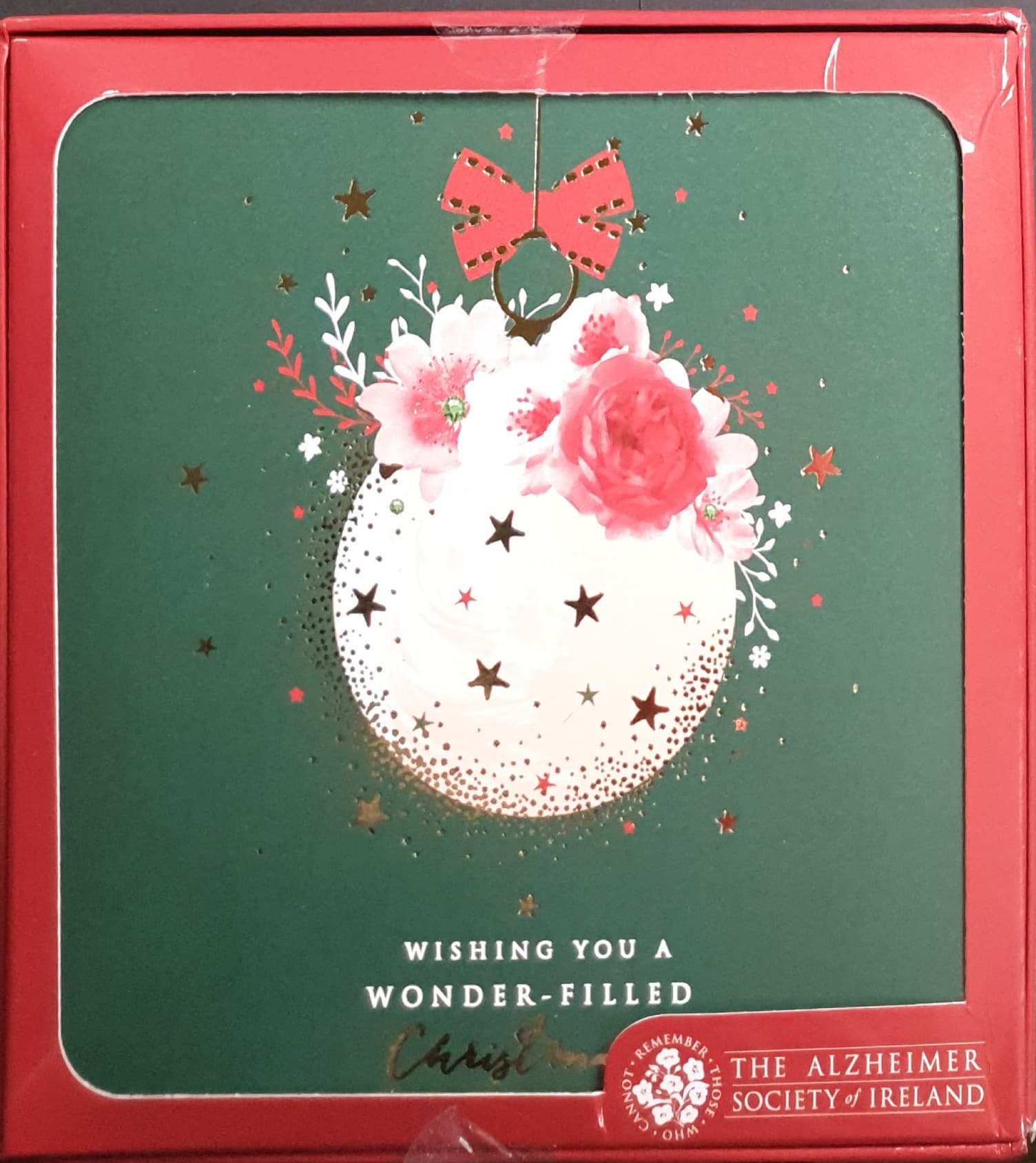 Charity Christmas Card (In Irish & English) - Box of 16 / Alzheimer Society of Ireland - White Bauble with Pink Roses