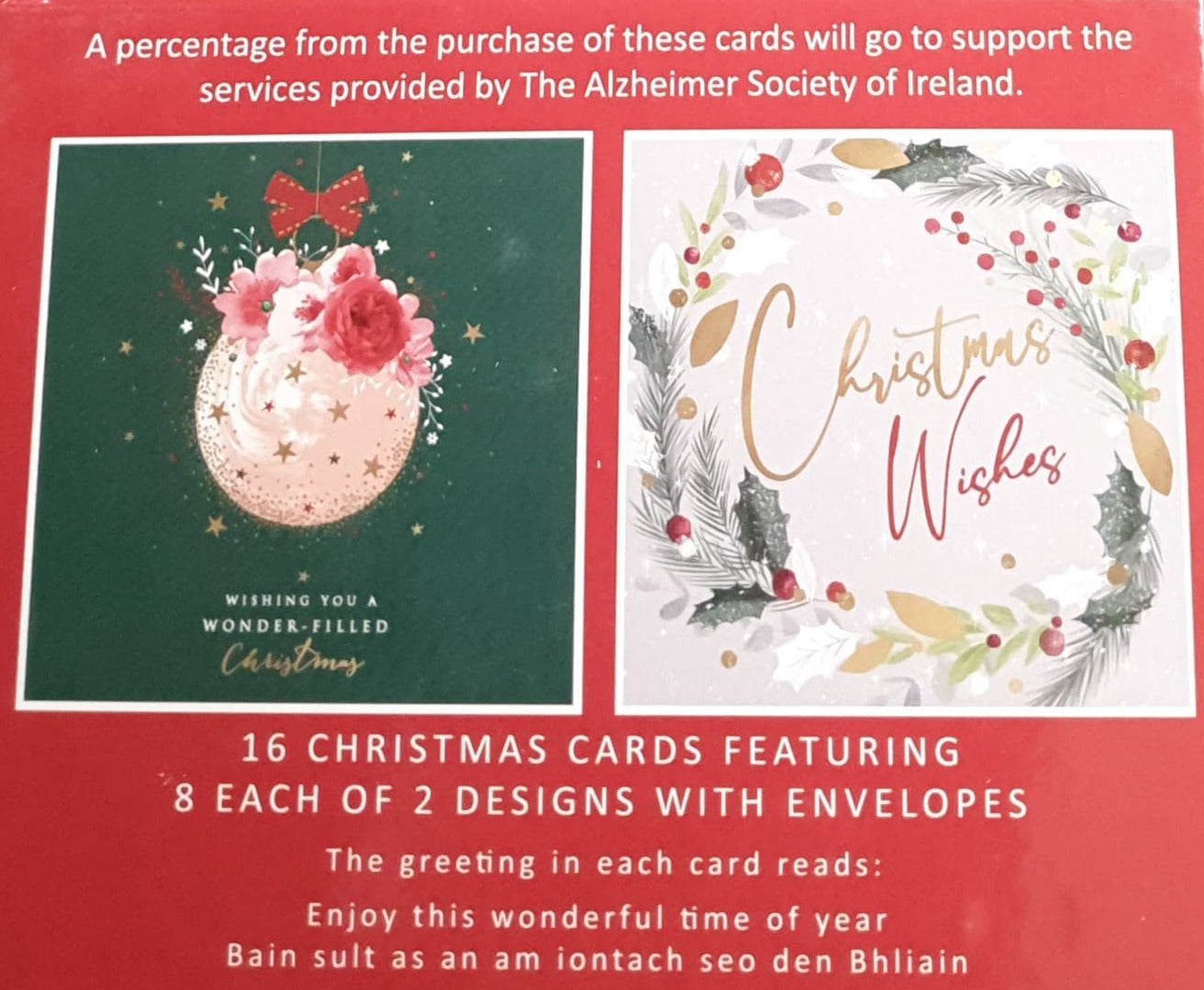 Charity Christmas Card (In Irish & English) - Box of 16 / Alzheimer Society of Ireland - White Bauble with Pink Roses