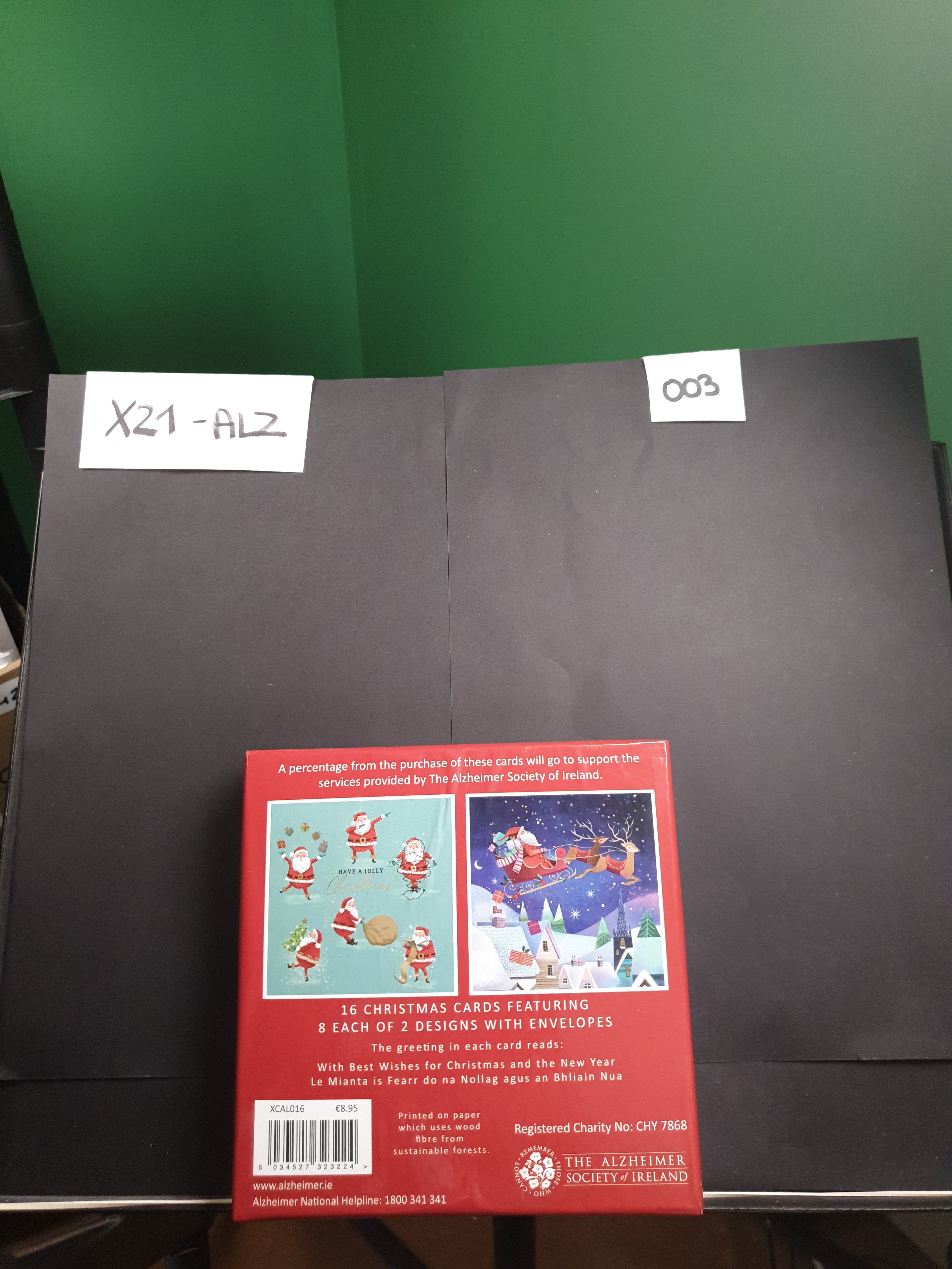 Charity Christmas Card (In Irish & English) - Box of 16 / Alzheimer Society of Ireland - Santas Carrying Gifts, Tree & Lights