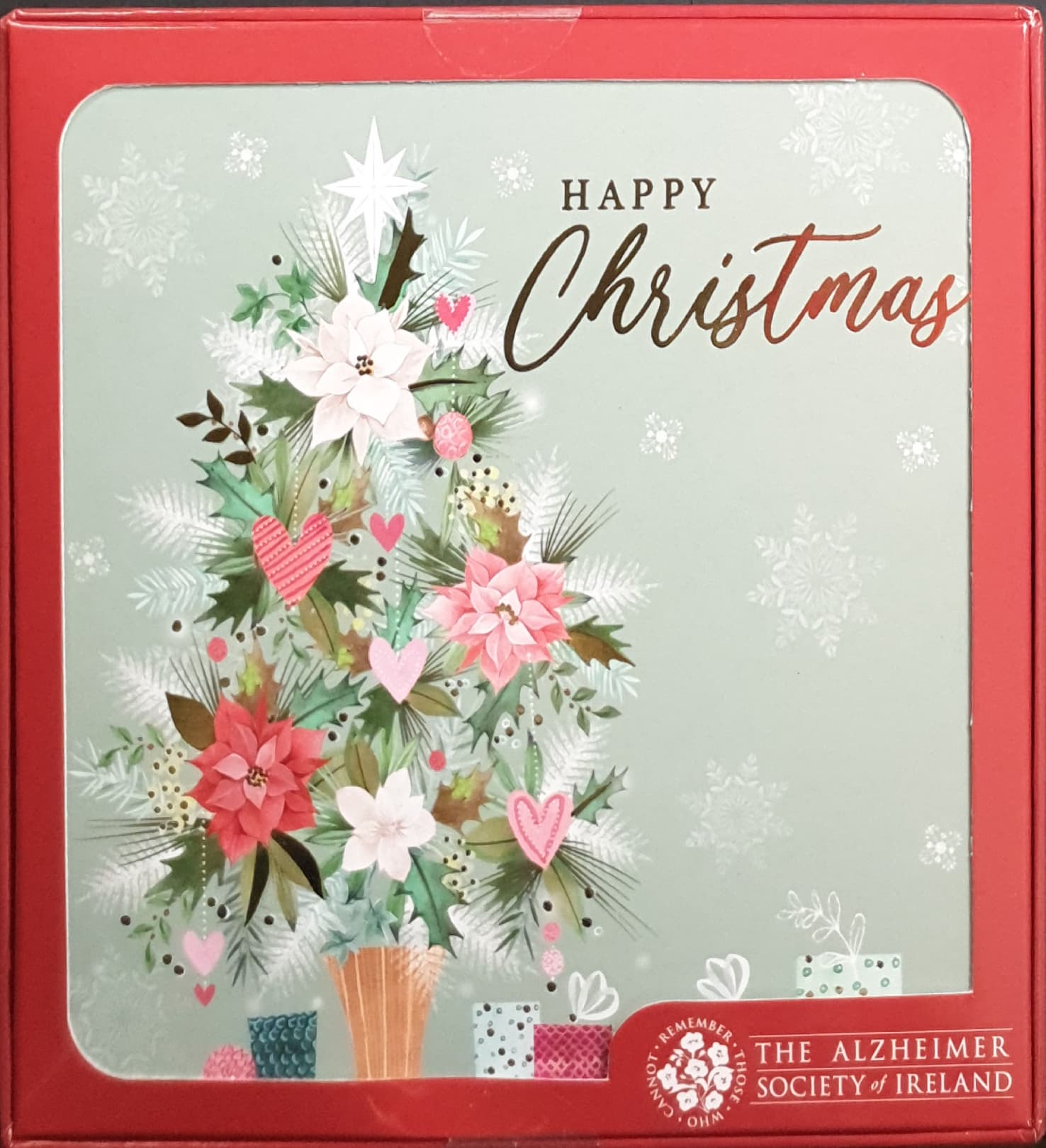 Charity Christmas Card (In Irish & English) - Box of 16 / Alzheimer Society of Ireland - Pink & Red Floral Tree