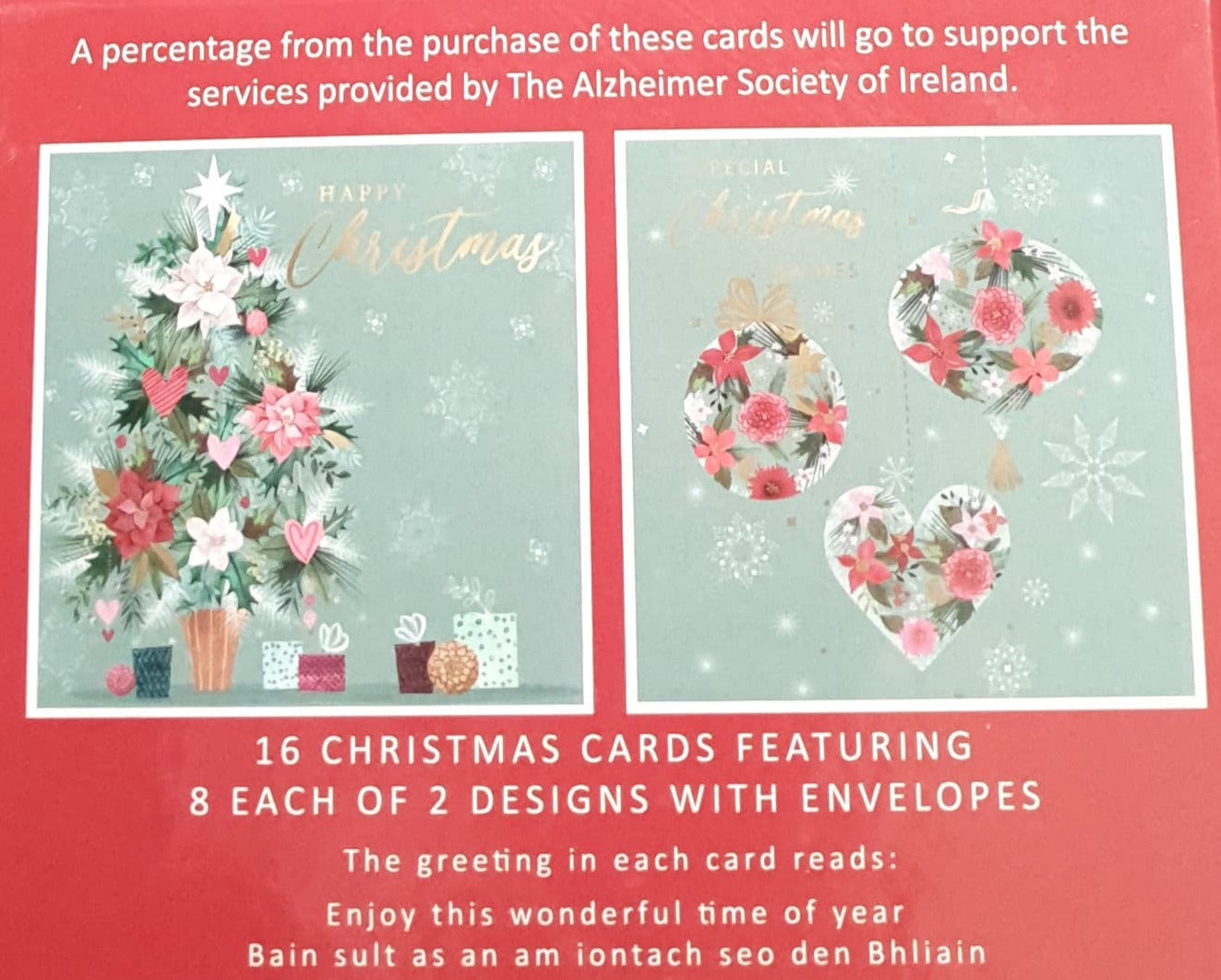 Charity Christmas Card (In Irish & English) - Box of 16 / Alzheimer Society of Ireland - Pink & Red Floral Tree