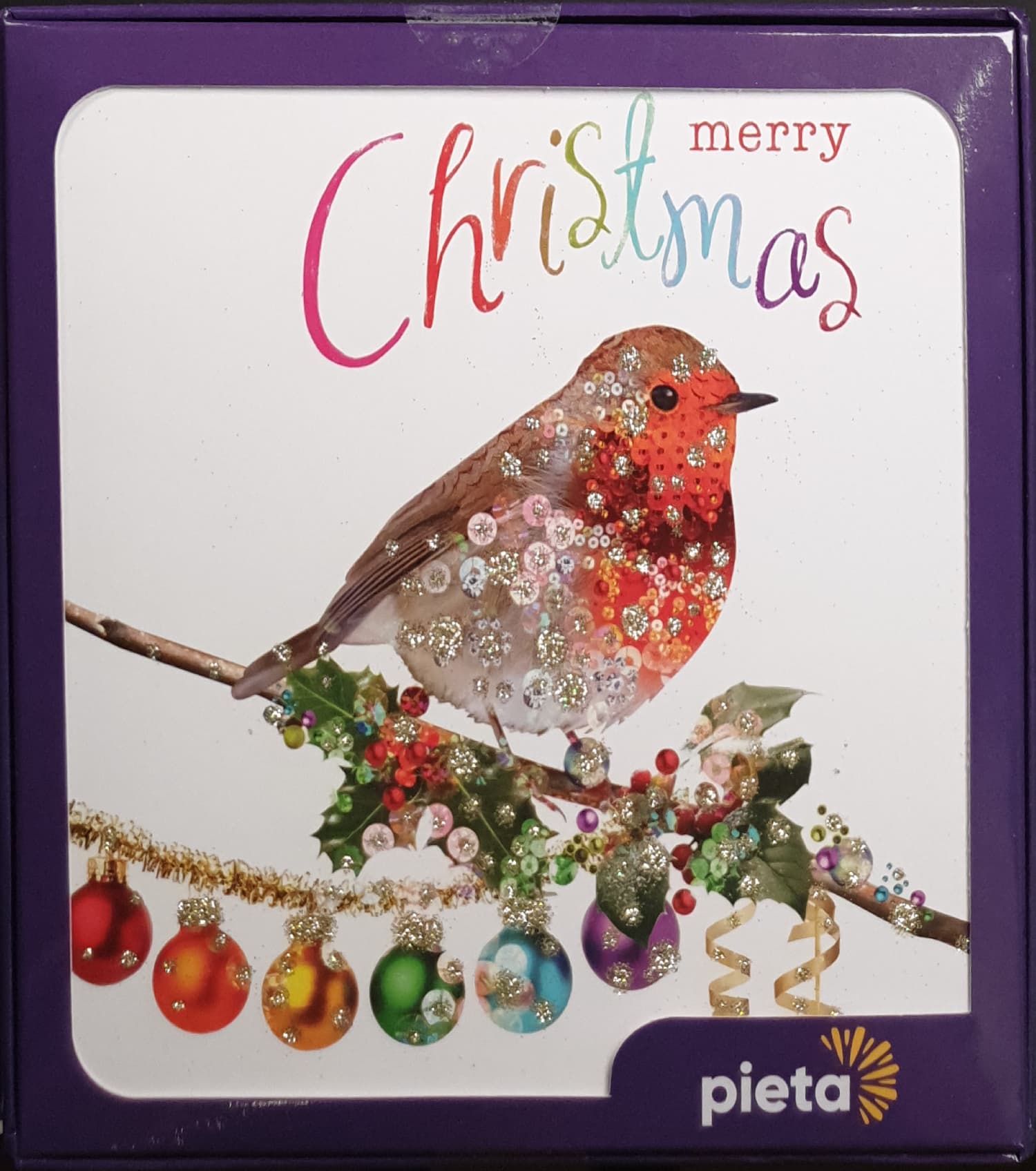 Charity Christmas Card (In Irish & English) - Box of 16 / Pieta - Sparkly Robin on Decorated Branch