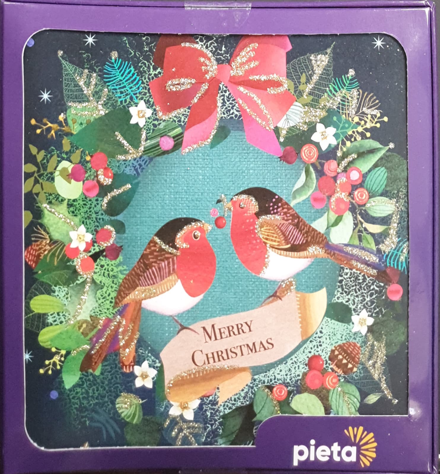 Charity Christmas Card (In Irish & English) - Box of 16 / Pieta - Two Robins Sharing Berry & Wreath