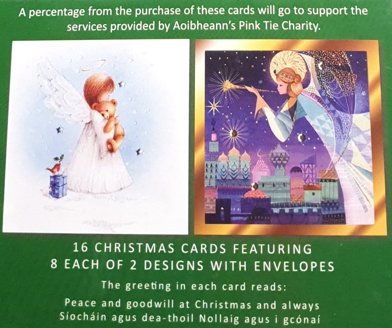 Charity Christmas Card (In Irish & English) - Box of 16 / Aoibheann's Pink Tie - Angel Holding Teddy Bear