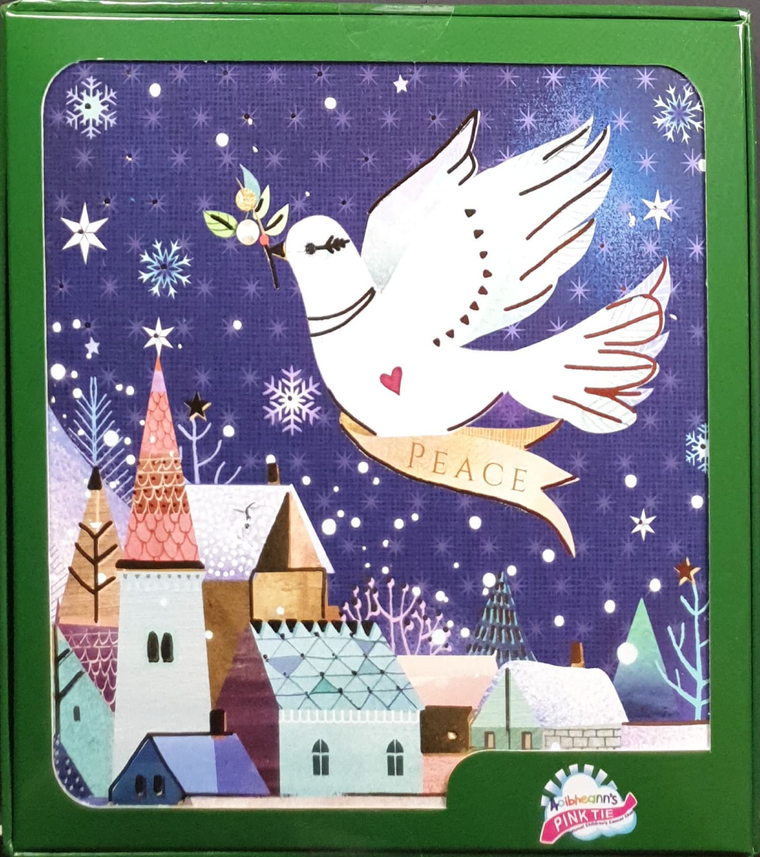 Charity Christmas Card (In Irish & English) - Box of 16 / Aoibheann's Pink Tie - Dove Flying over Houses