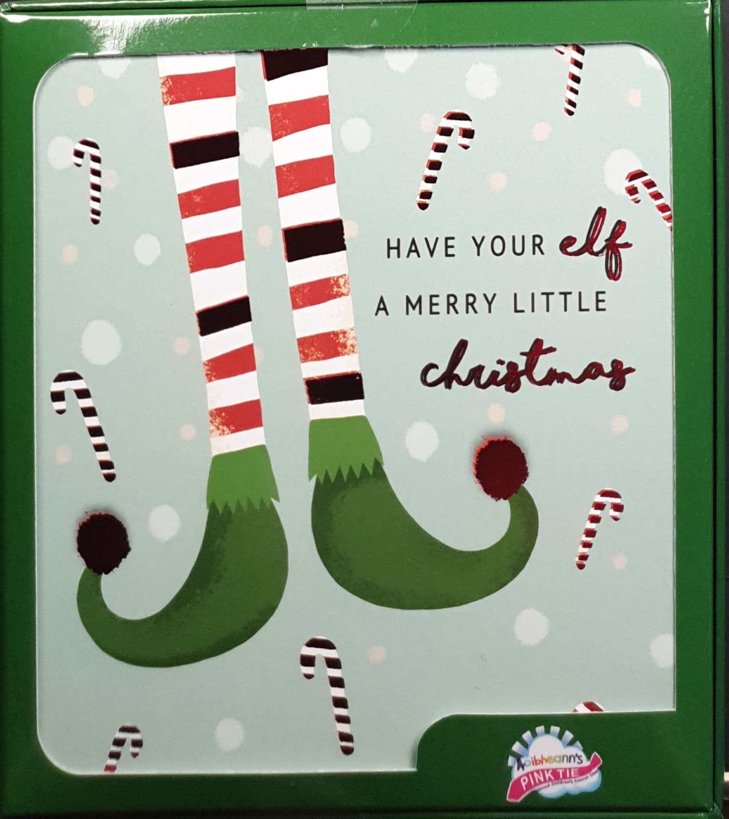 Charity Christmas Card (In Irish & English) - Box of 16 / Aoibheann's Pink Tie - Elf Legs & Candy Canes