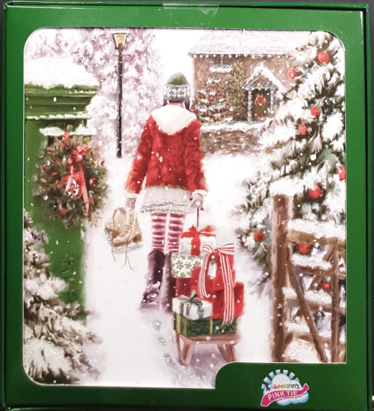 Charity Christmas Card (In Irish & English) - Box of 16 / Aoibheann's Pink Tie - Girl with Sled & Gifts