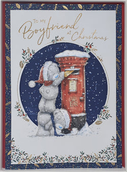 Fiancee Christmas Card / Teddy Bears Putting Letter Through Post Box (Card In A Presentation Box)