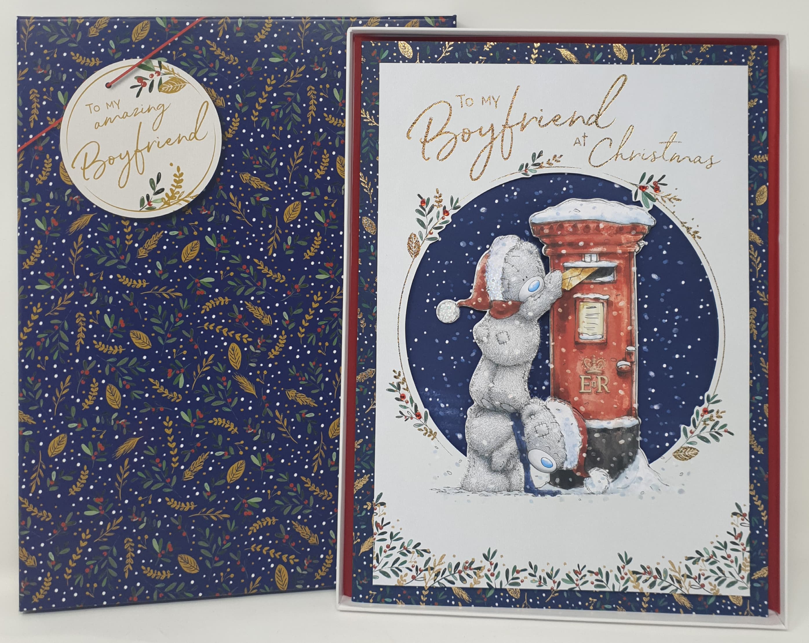 Fiancee Christmas Card / Teddy Bears Putting Letter Through Post Box (Card In A Presentation Box)