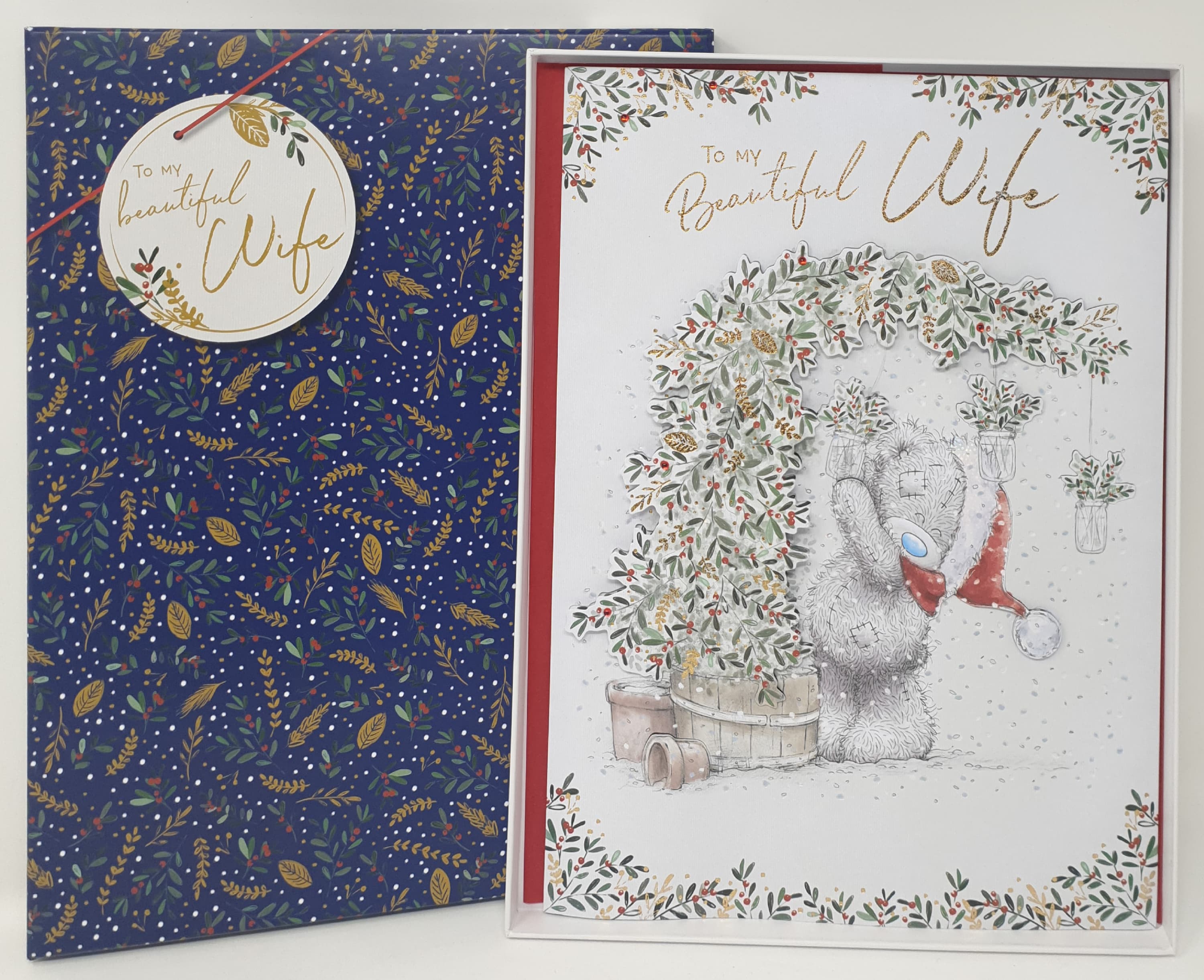 Wife Christmas Card / Teddy Bear Reaching to Decorate (Card In A Presentation Box)