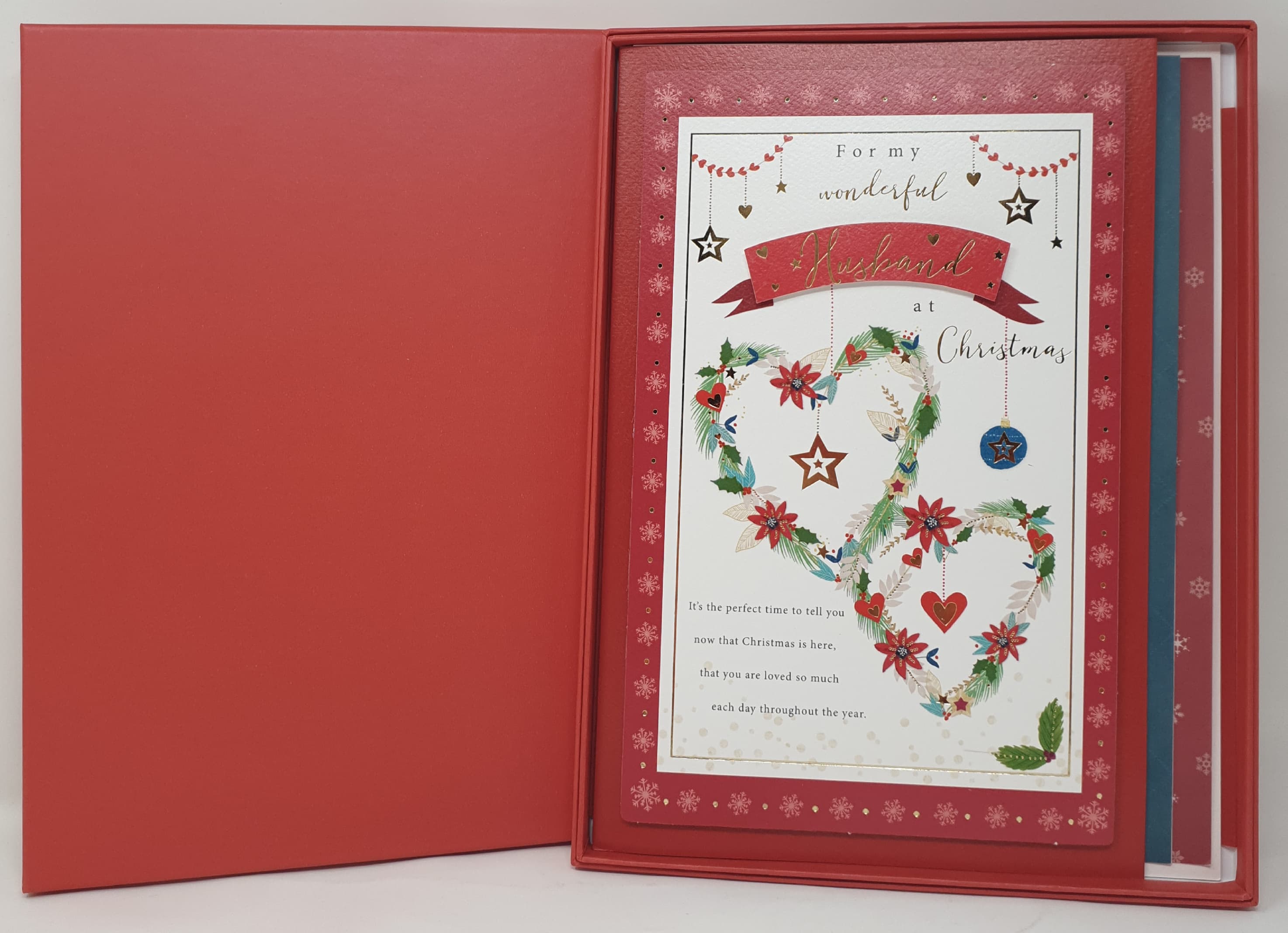 Husband Christmas Card - Two Heart Wreaths & Flowers (Card In A Presentation Box)