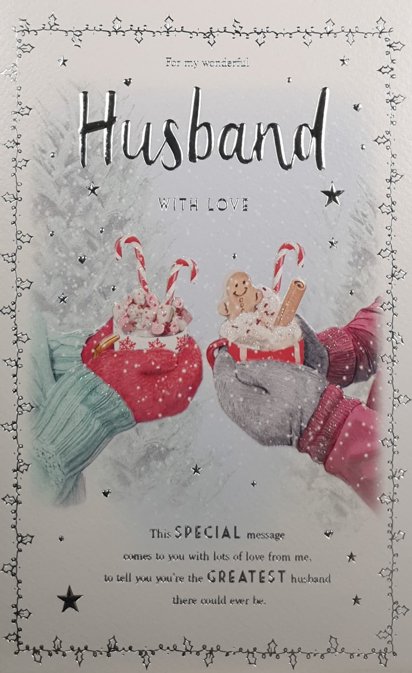 Husband Christmas Card -  Couple Wearing Gloves, Festive Hot Chocolate