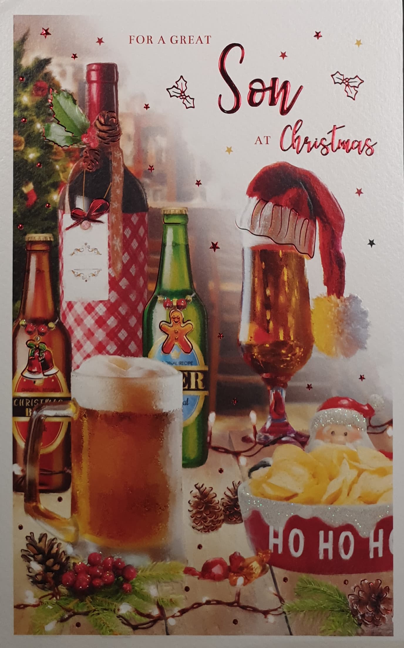 Son Christmas Card - Beer & Crisps on Decorated Table